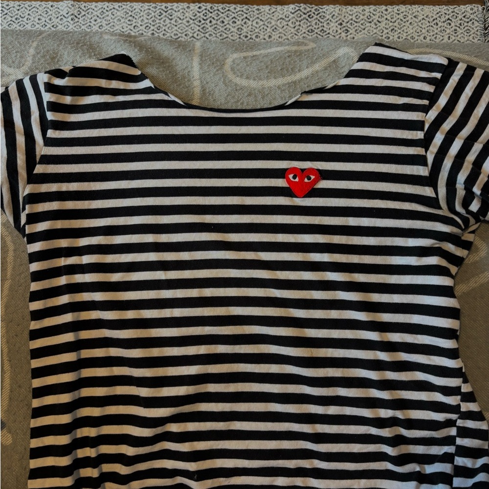 Striped Black and White Kids Shirt with Heart Patch CDG